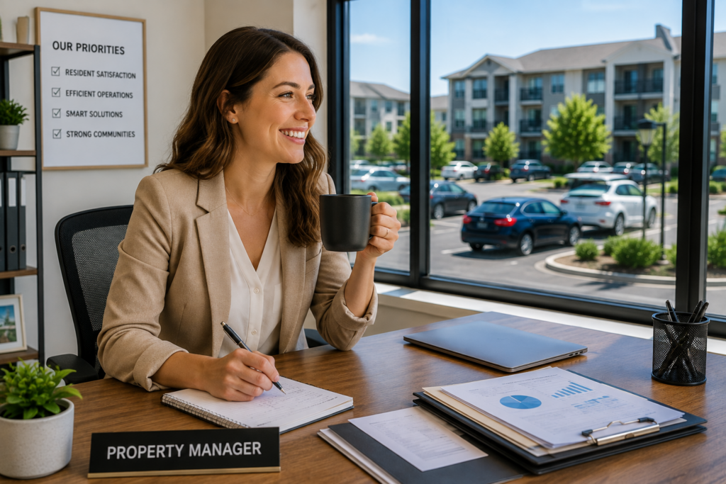 Property manager reviewing papers on a desk