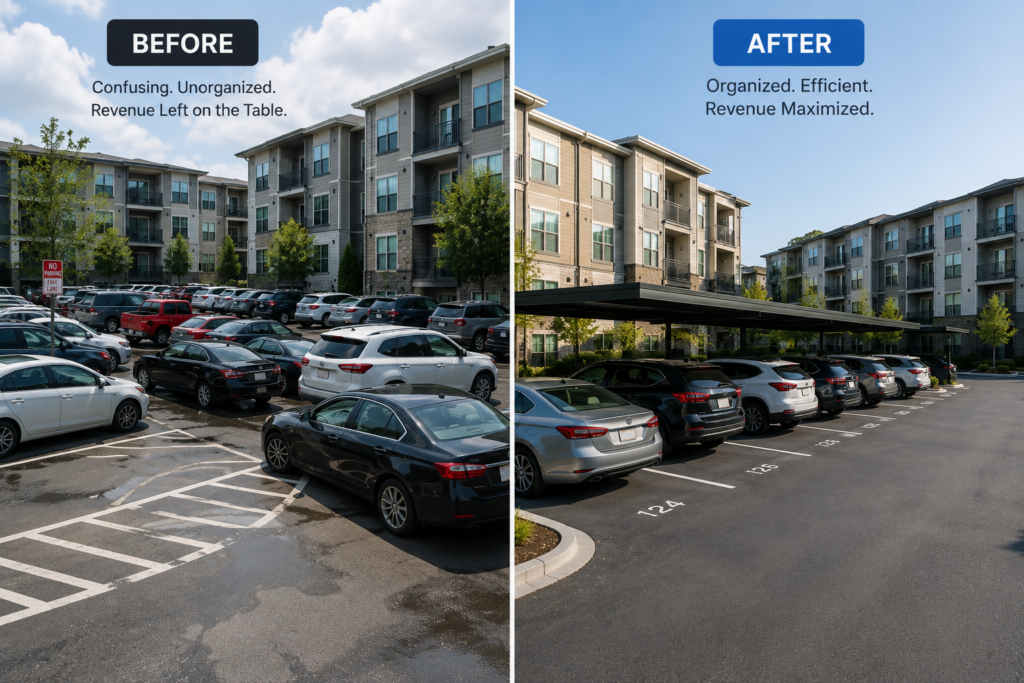 Parking lot before and after implementing a parking management system