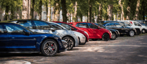 cars parked side by side angled under neighborhood trees